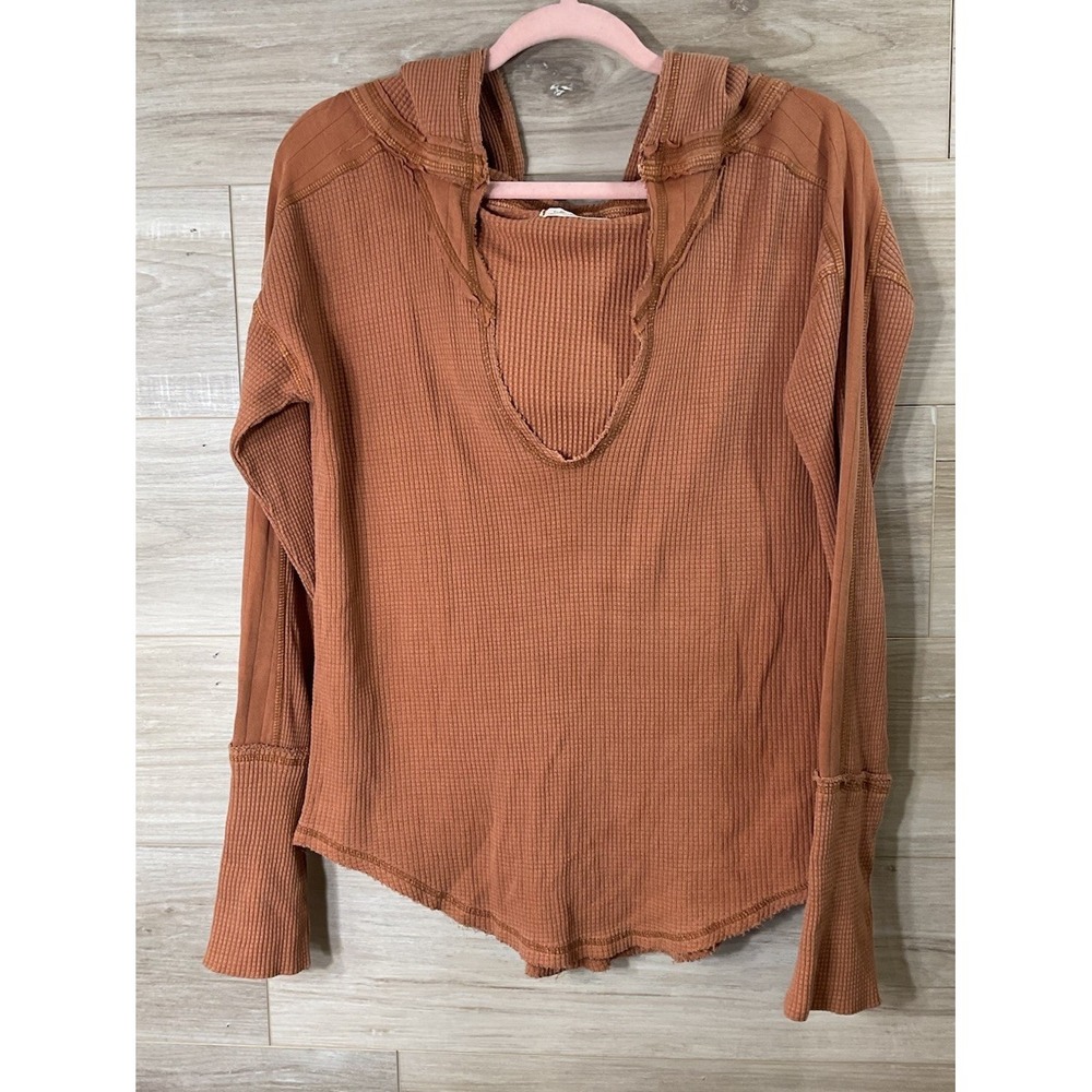 We The Free Margo Essential Thermal Knit Hoodie Large Brown Earthy Boho Granola